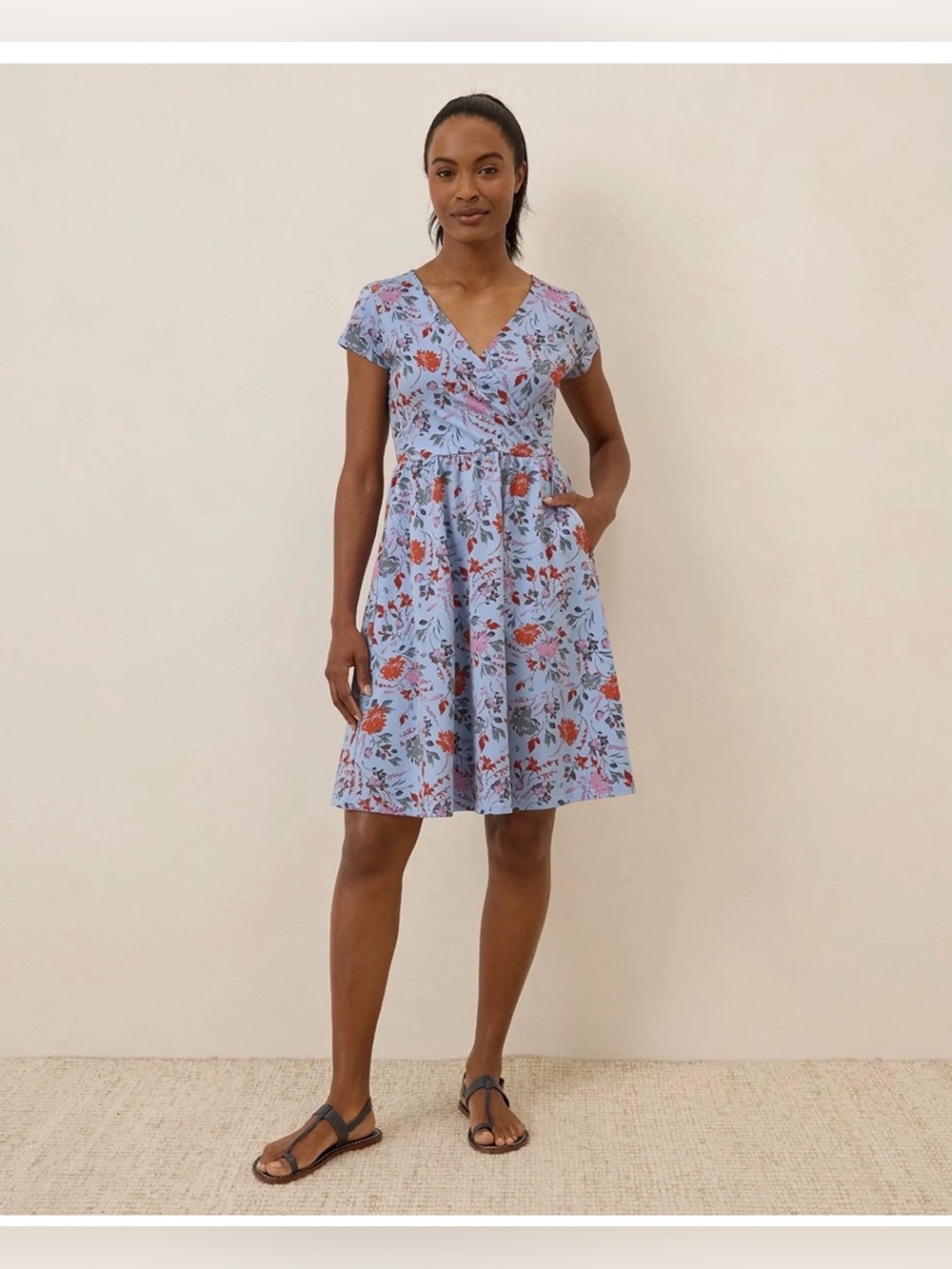 Pact Fit Flare Crossover Nightfall Blooms Cornflower Blue Floral Midi Dress L